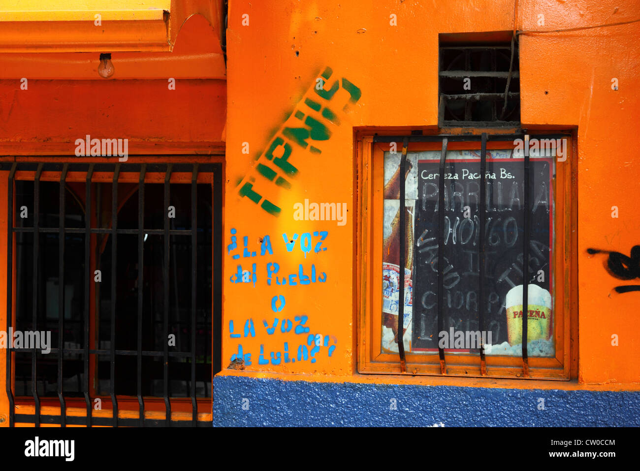 Graffiti protesting against plans to build a road through the TIPNIS Indigenous Territory and National Park, La Paz; Bolivia Stock Photo