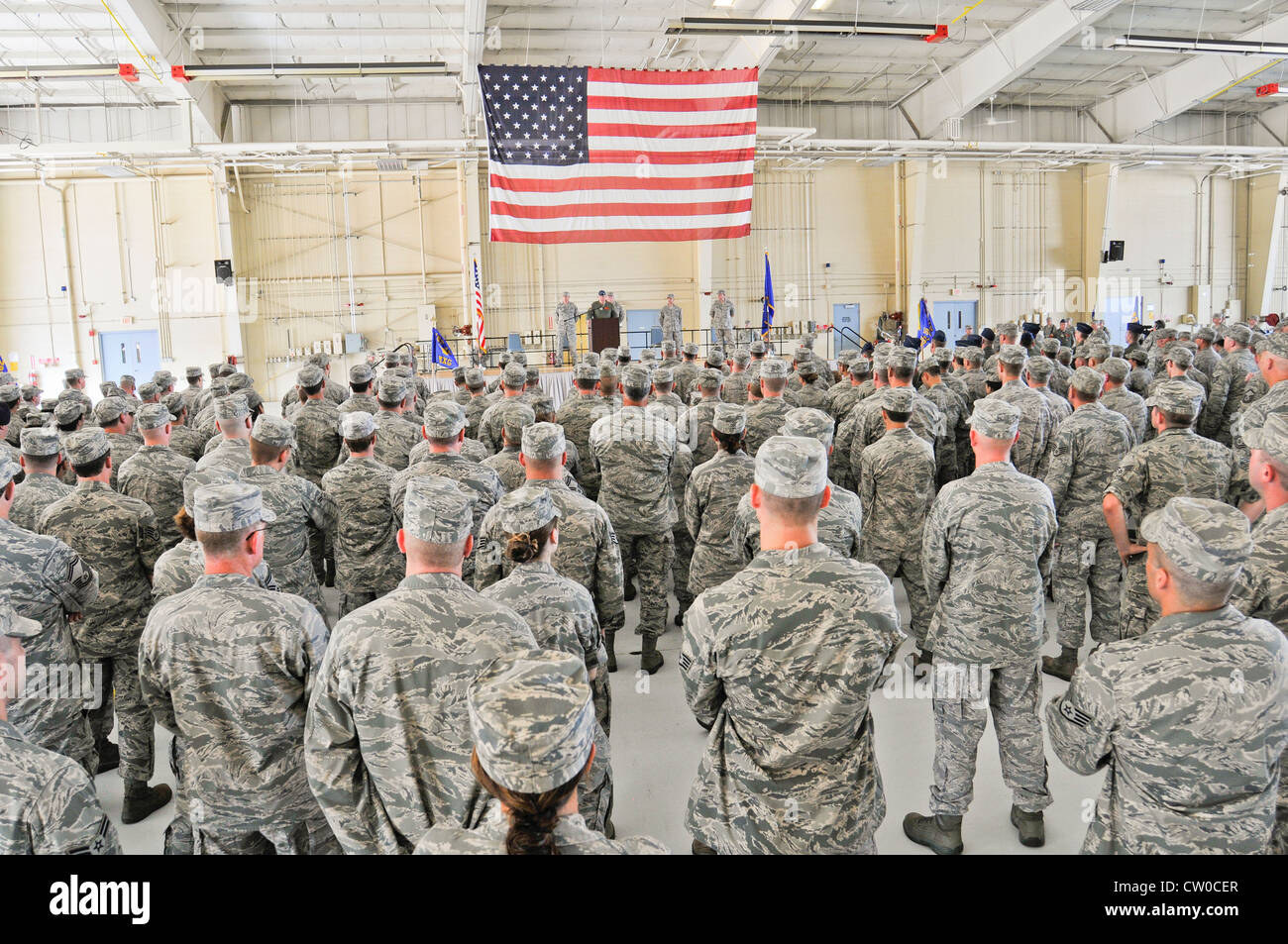 Colonel William Robertson addresses the wing at a Commanders Call ceremony at the 182d Airlift Wing, Peoria, Illlinois on August 4, 2012. Stock Photo