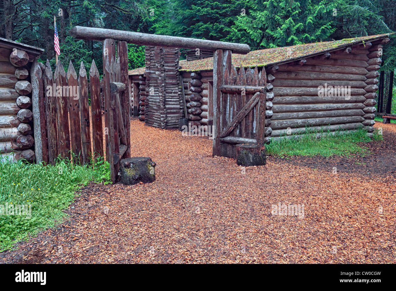 Fort Clatsop National Memorial near Astoria, Oregon, is the reconstructed fort built by the Corps and Lewis & Clark in 1805. Stock Photo