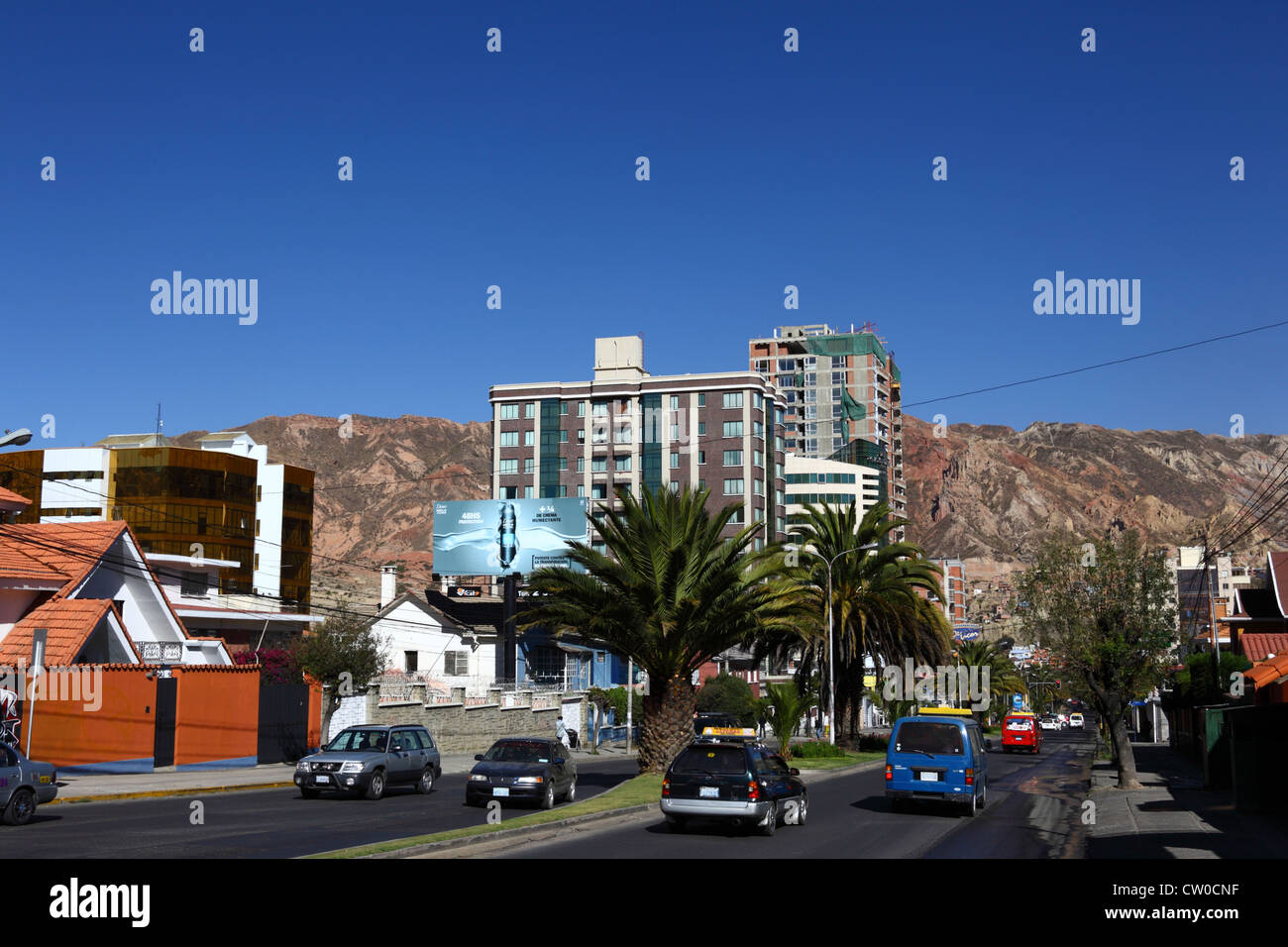 View along Avenida Ballivian, Calacoto, Zona Sur, La Paz, Bolivia Stock