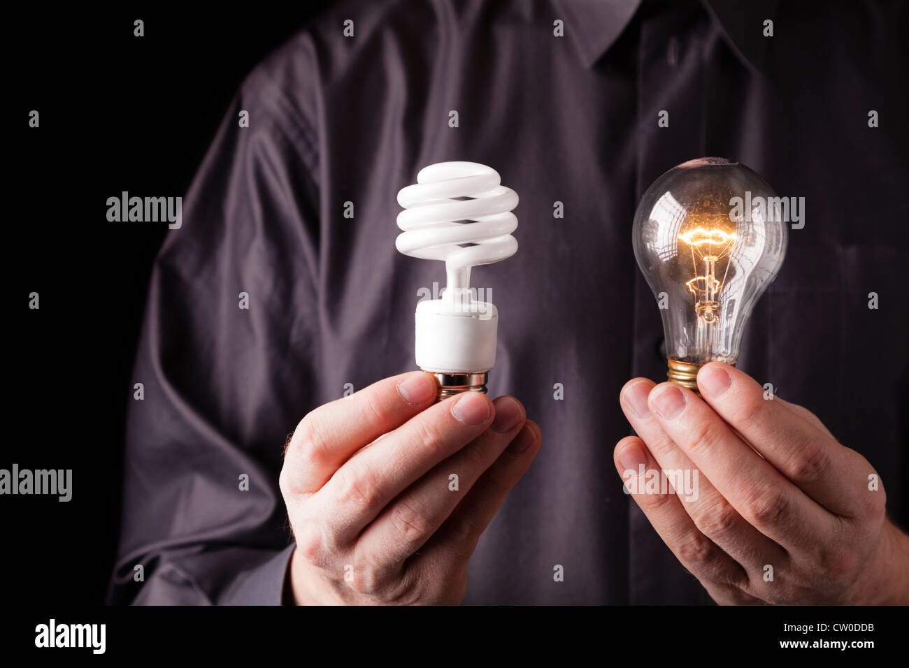 Making a choice between incandescent and fluorescent light source Stock Photo