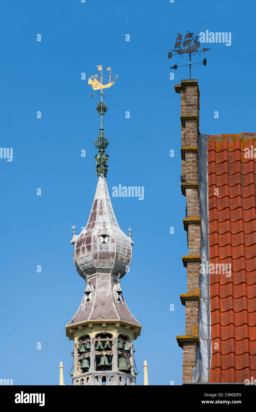 Belfry and weather vane on top of 15th century City Hall of Veere. Historic town in Zeeland province in south of The Netherlands Stock Photo