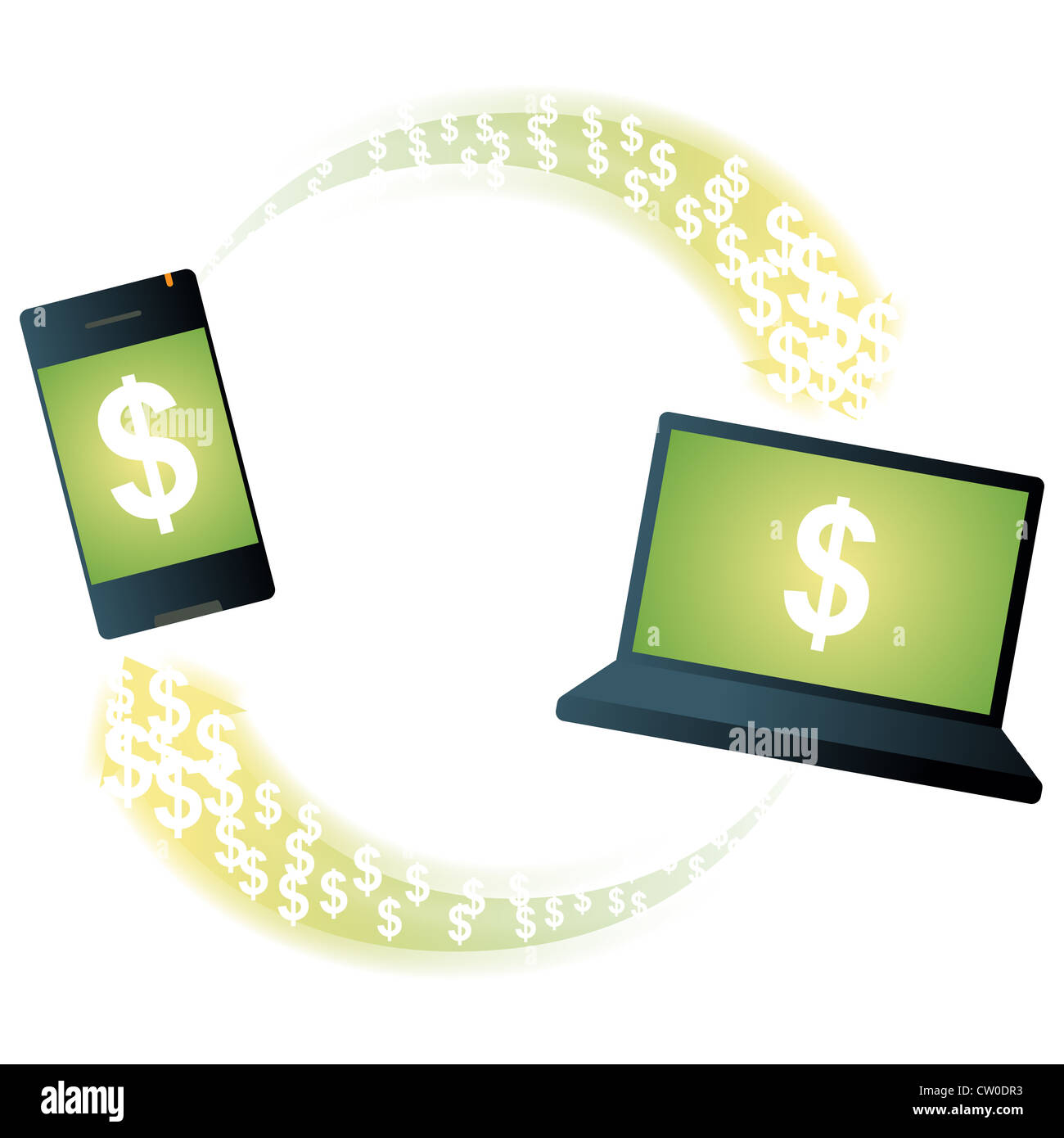 Laptop and smartphone icons exchanging dollar signs Stock Photo - Alamy