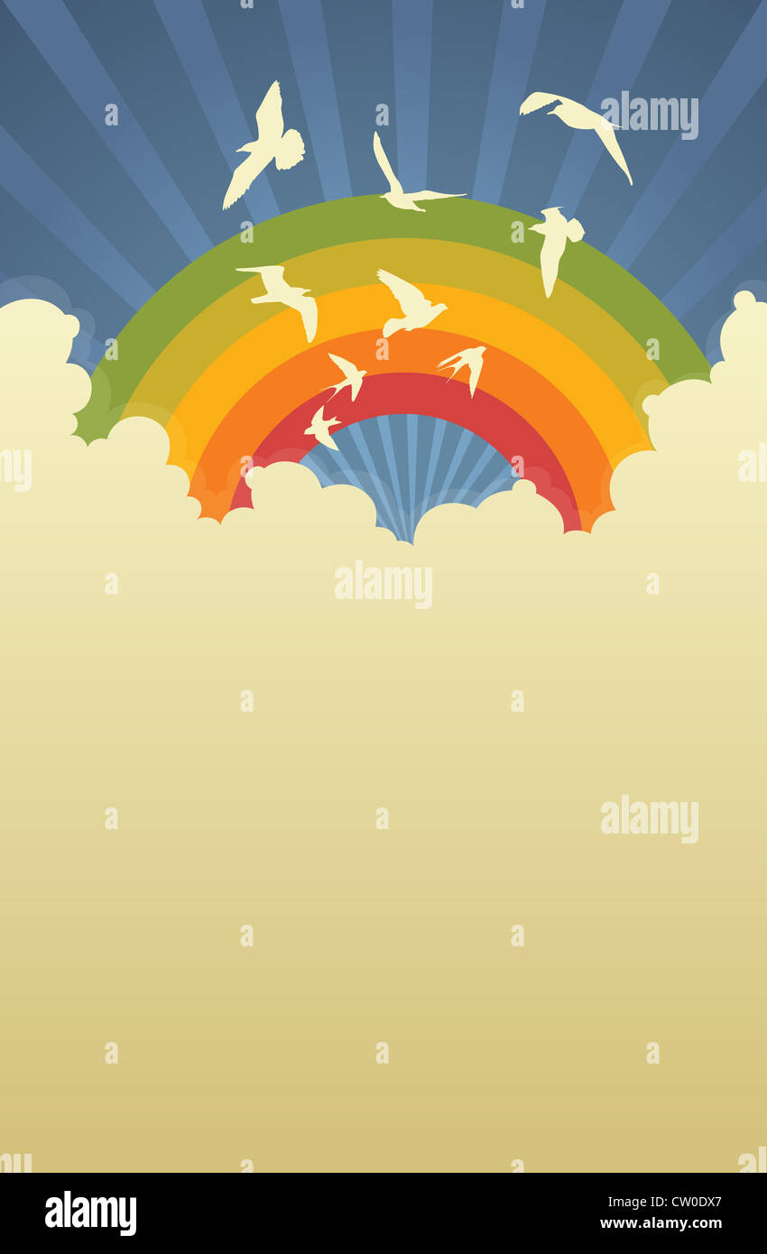 Portrait template of cloudy sky with rainbow and birds Stock Photo - Alamy