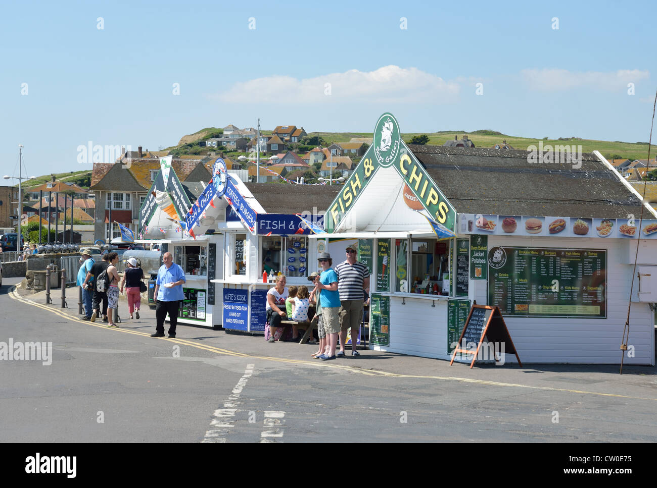 Harbourside fast food kiosks, West Bay, Dorset, England, United Kingdom Stock Photo