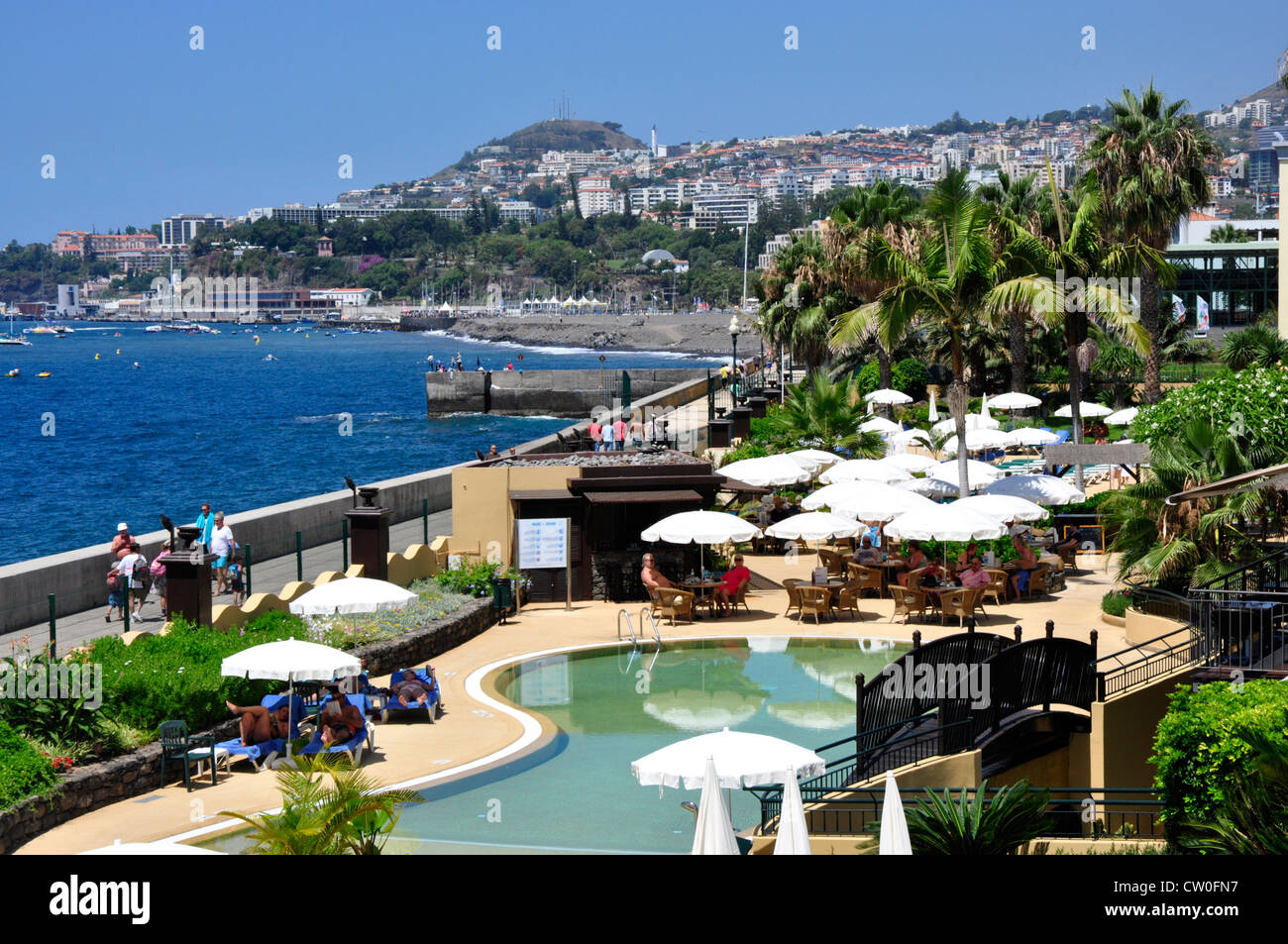 Portugal - Madeira - Funchal - view from the Porto Santa Maria hotel - Zona Velha - over the pool and along the bay Stock Photo