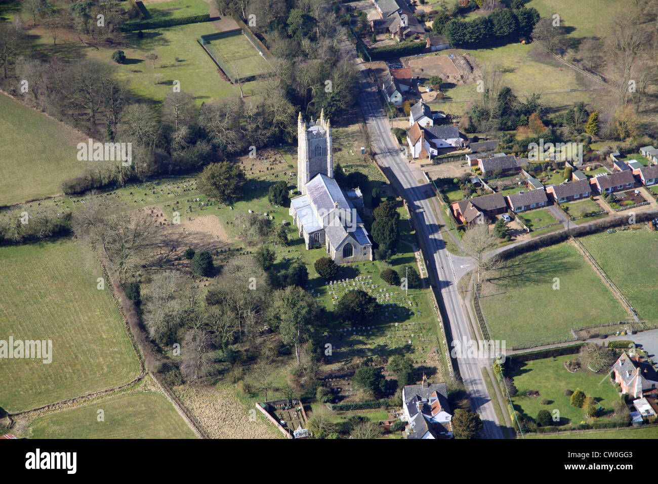 aerial view of St Mary Church Redenhall near Harleston in Norfolk Stock Photo