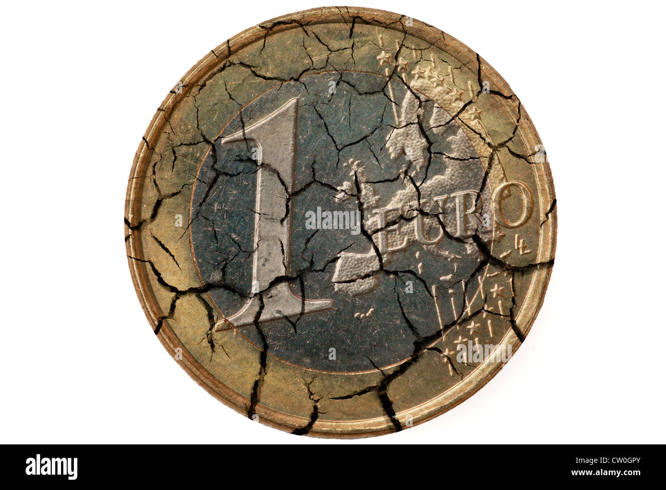 Euro crisis. Euro coin with cracks. Stock Photo