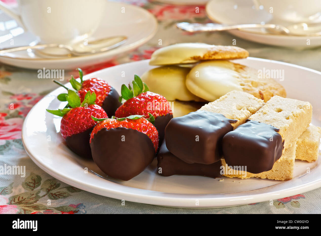 Plate of chocolate dipped desserts Stock Photo