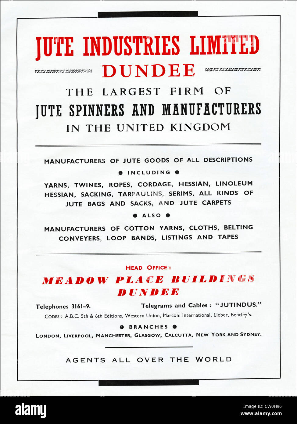 Vintage print advertisement from textile manufacturers yearbook circa 1948 advertising JUTE INDUSTRIES LIMITED of DUNDEE jute sinners and manufacturers Stock Photo