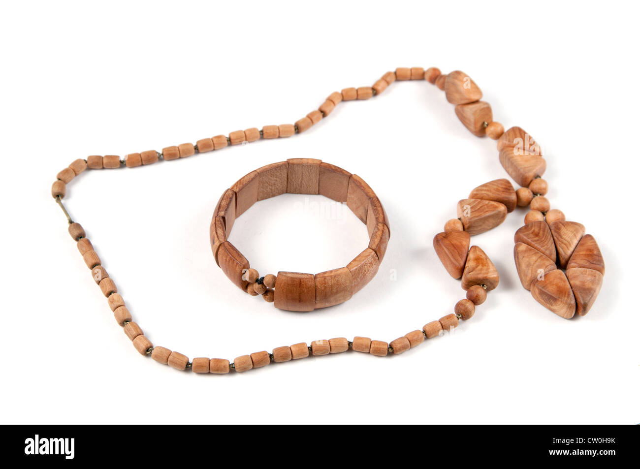 Wooden costume jewellery - beads and bracelet Stock Photo - Alamy