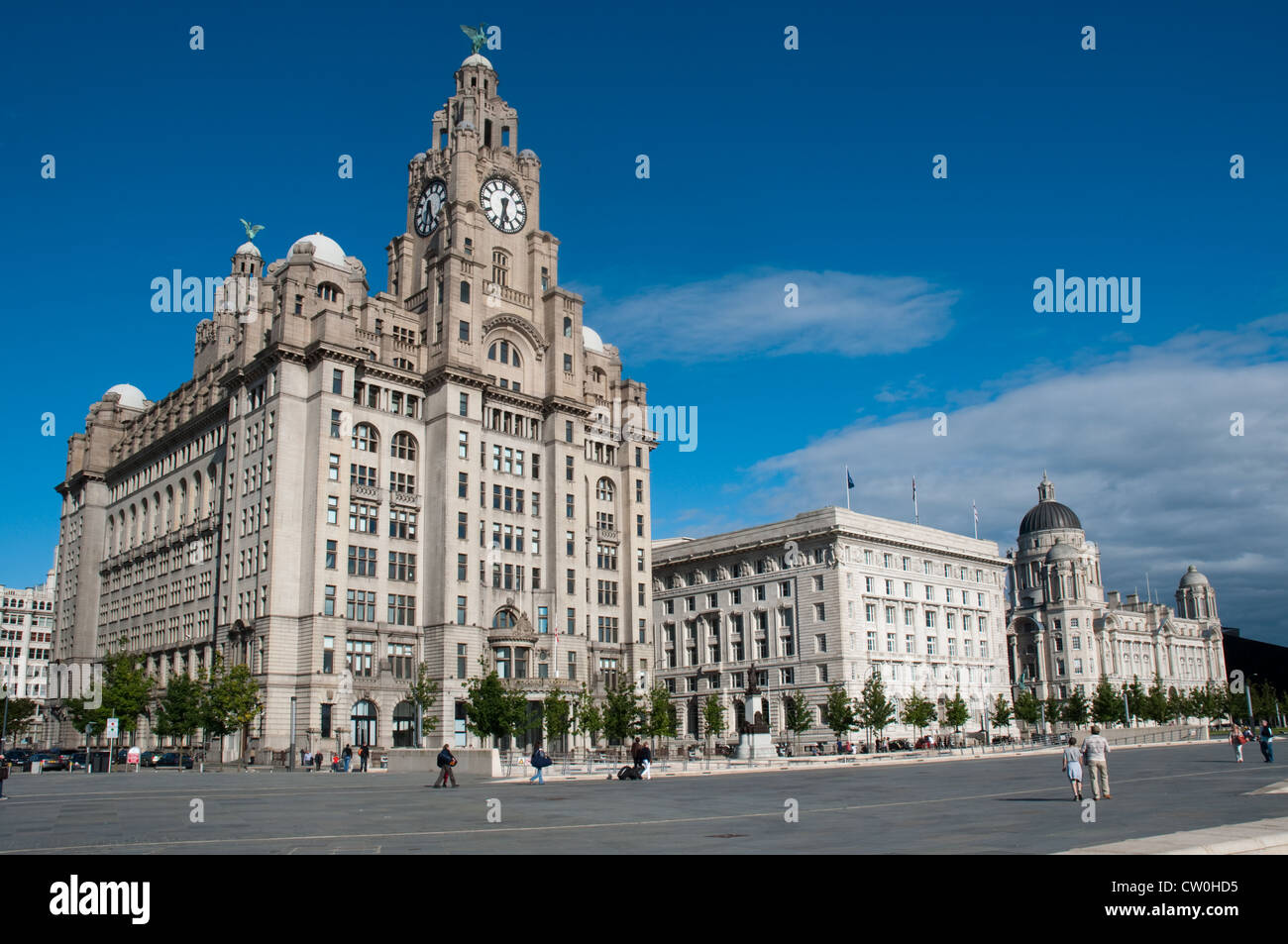The Three Graces, Pier Head ,Liverpool. The Royal Liver Building, Cunard Building and the Port of Liverpool Building. Stock Photo