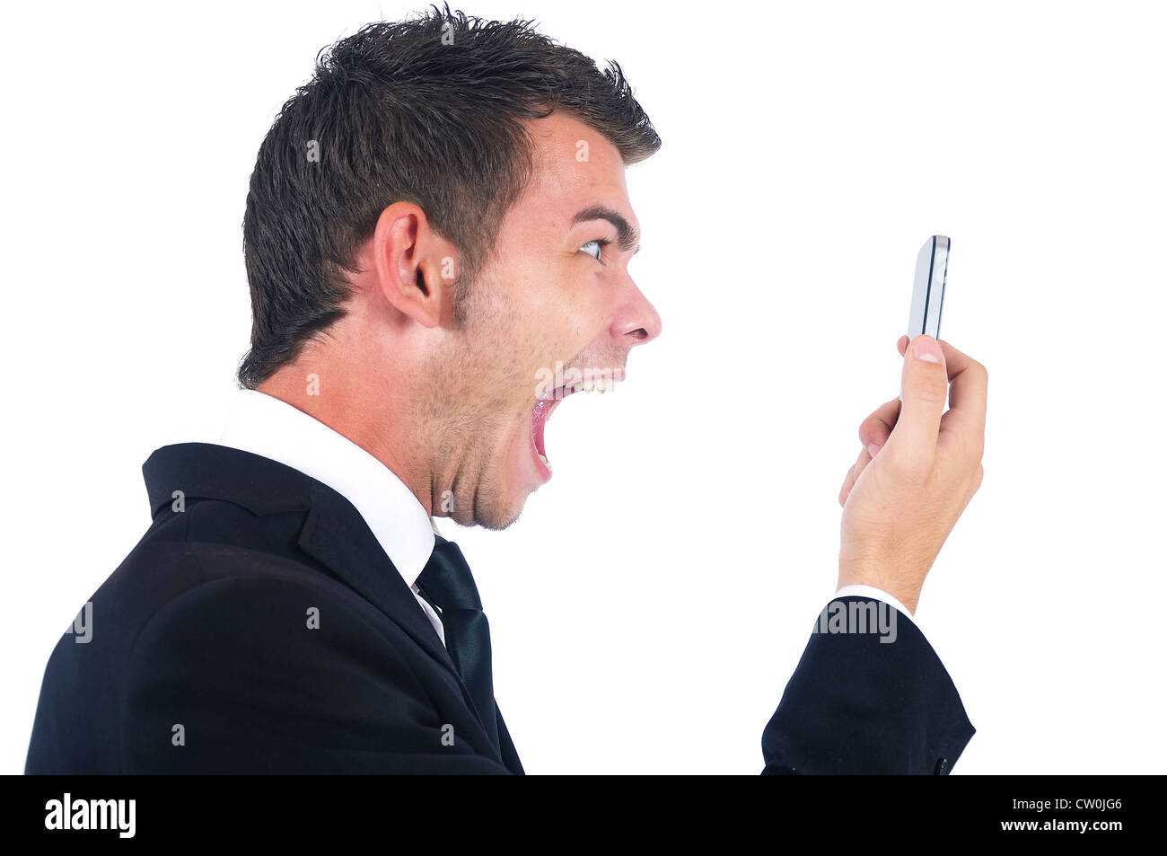Isolated young business man screaming at phone Stock Photo Alamy