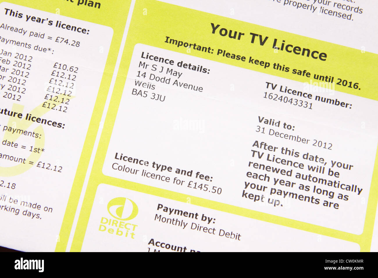 TV Licence with monthly direct debit payment details Stock Photo