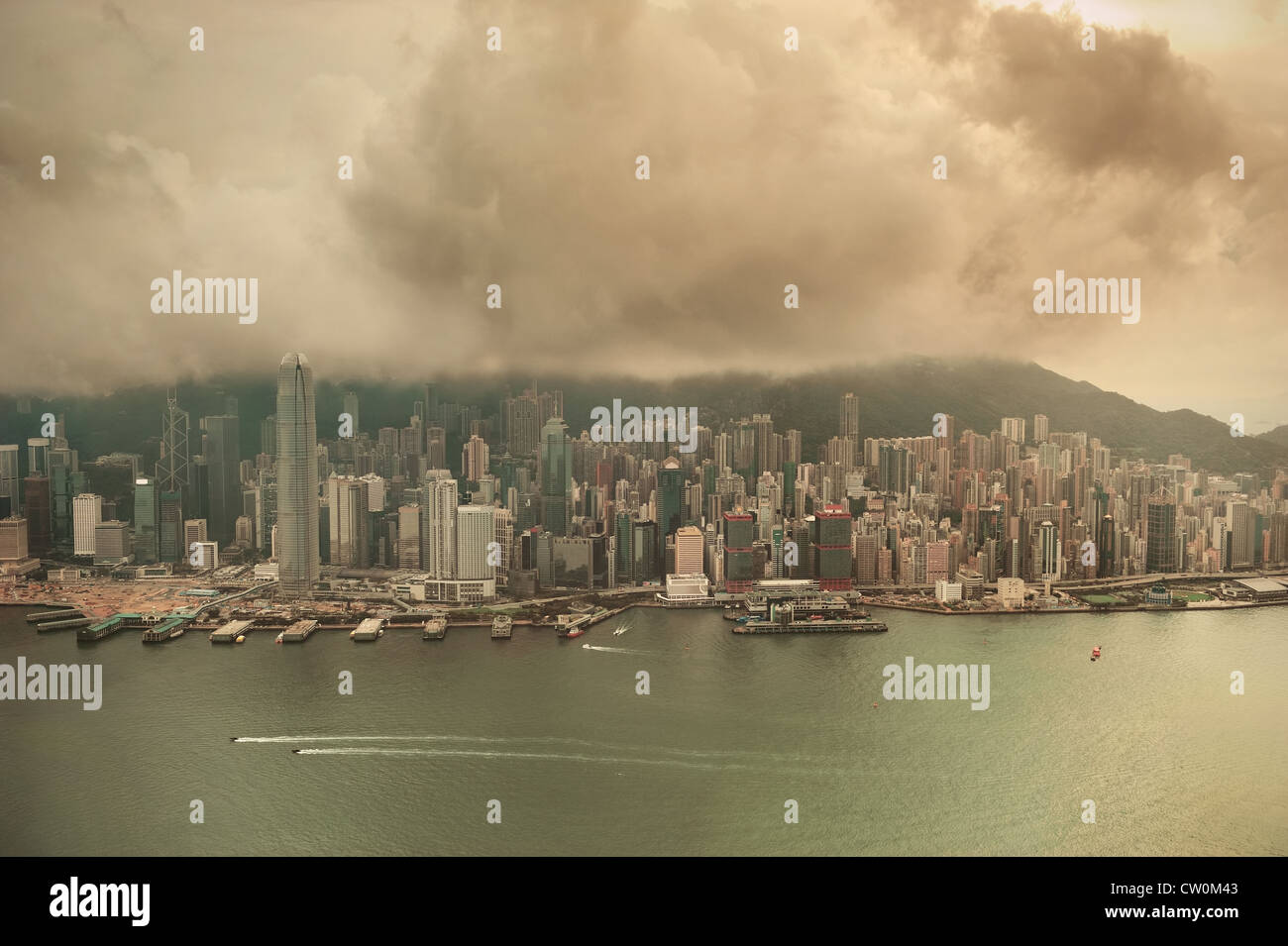 Victoria Harbor aerial view and skyline in Hong Kong with urban ...