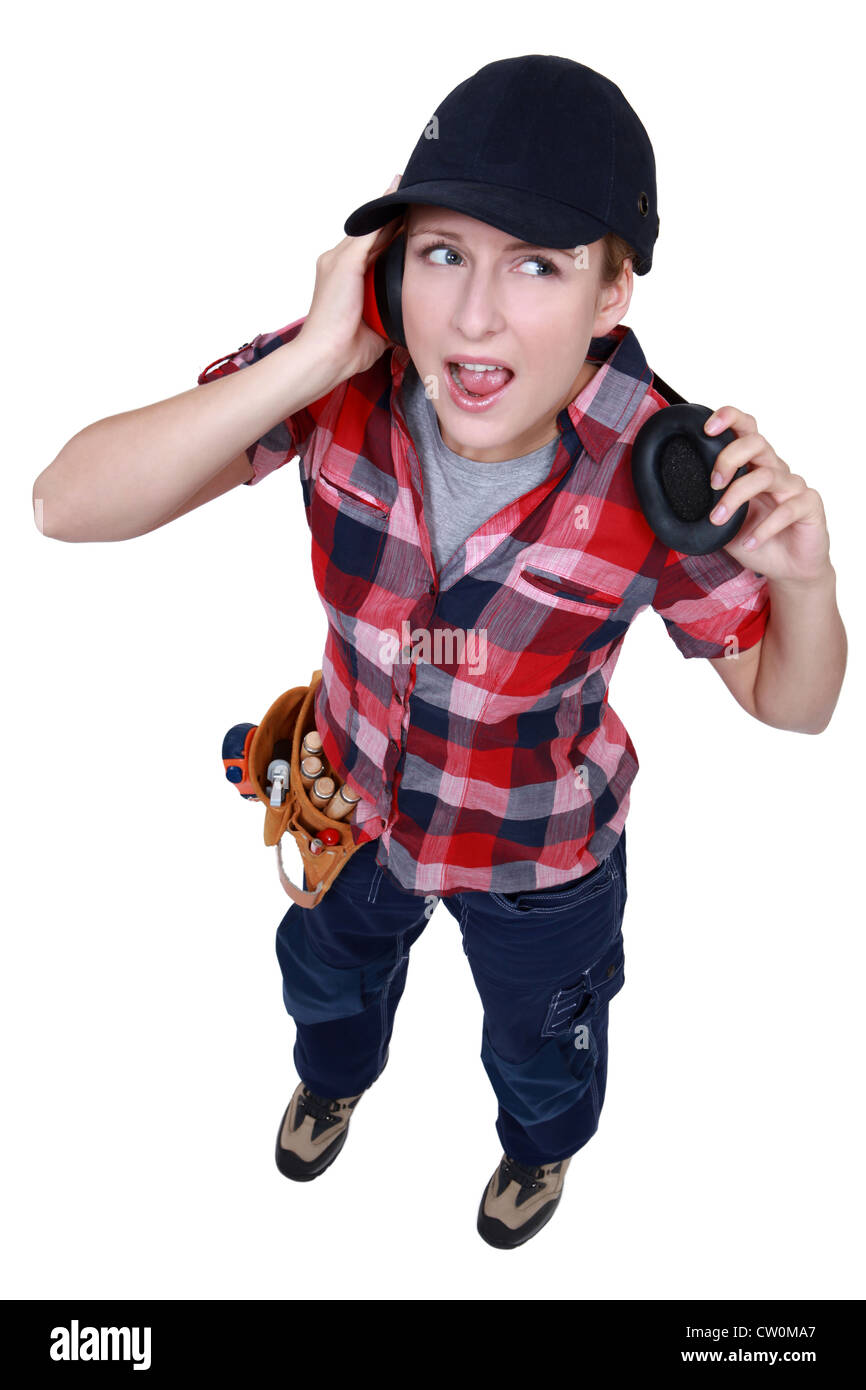Woman wearing ear defenders Stock Photo Alamy
