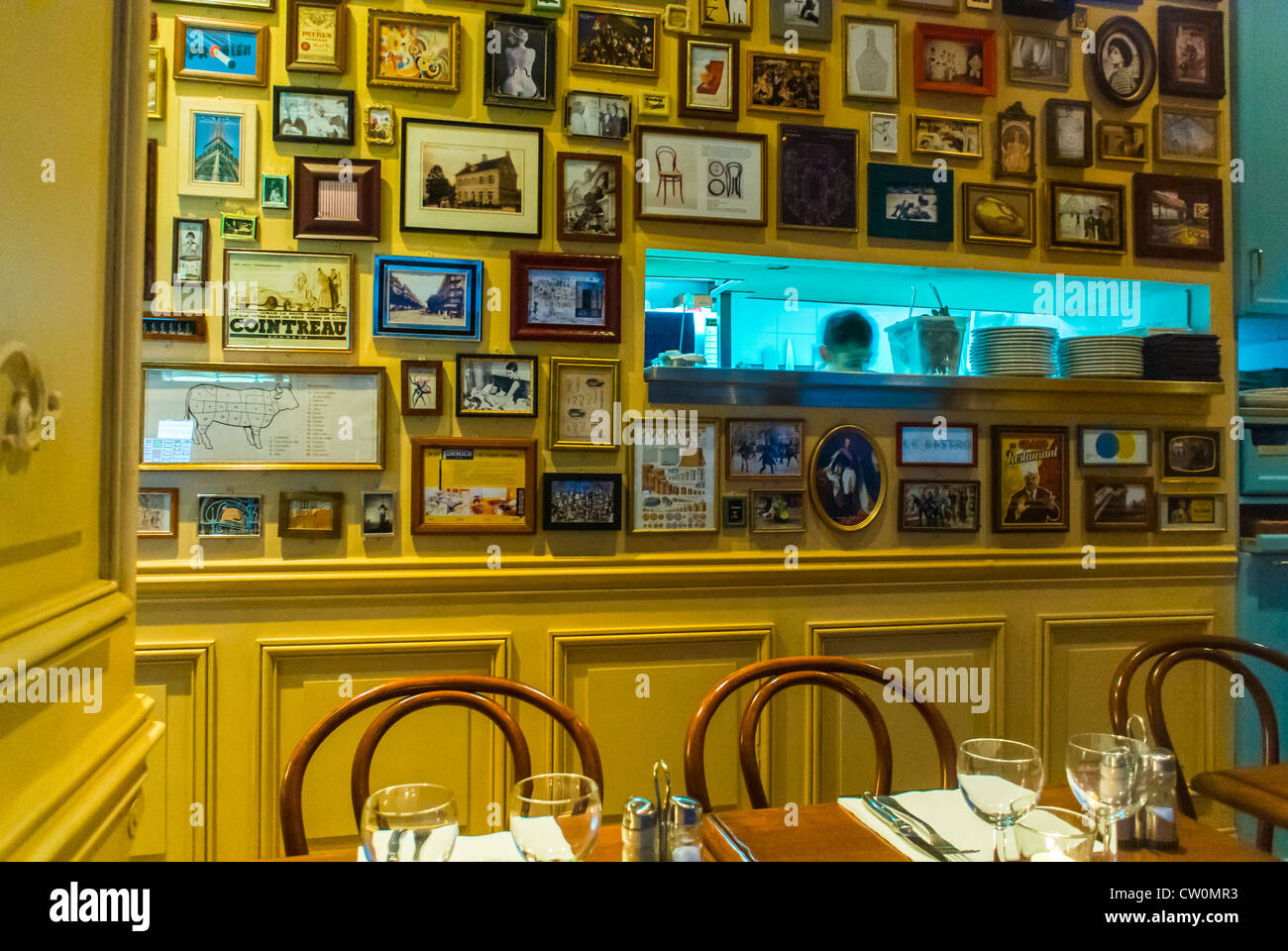 Paris, France, French Café, Bistro Restaurant, 'Café Le Bistro' in the Canal Saint Martin Area, Night, Detail, Wall Picture Frames Decor, bistro interior bistrot Stock Photo