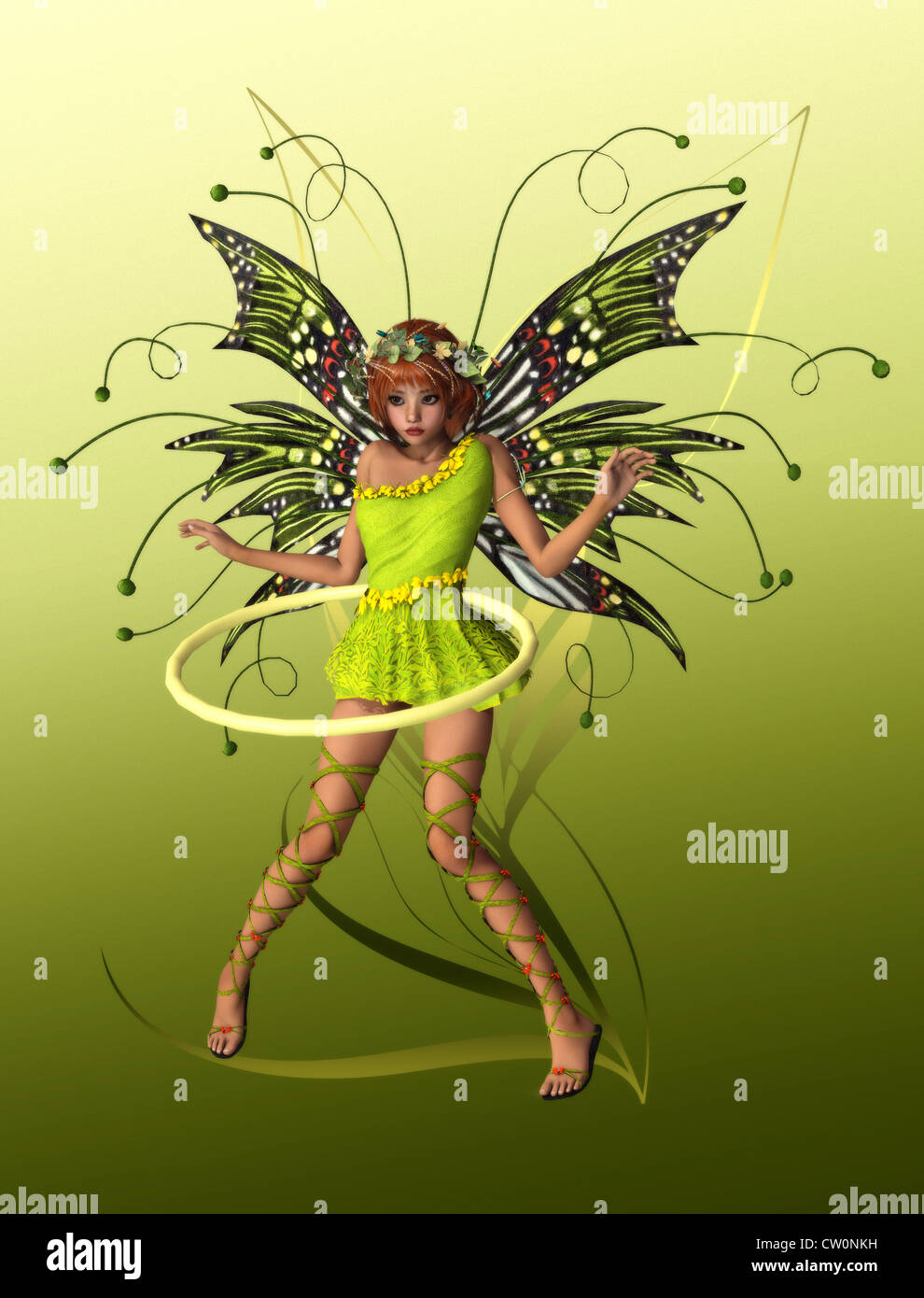 A cute fairy with wings, wreath and hula-hoop Stock Photo
