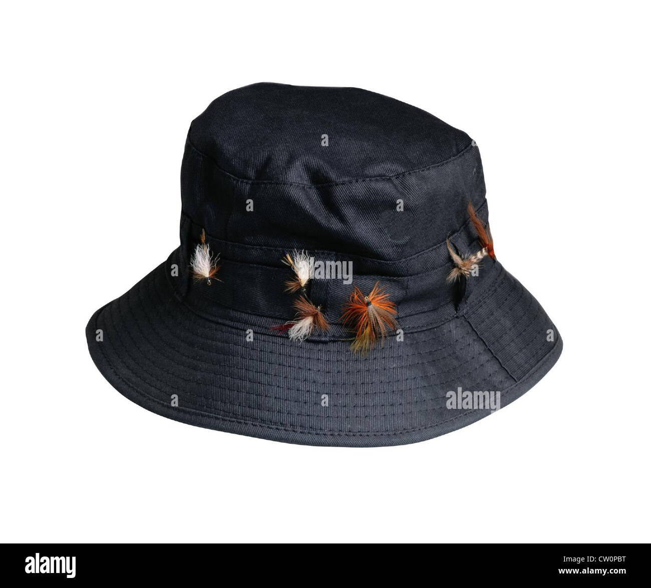 Hat decorated with fish hooks Stock Photo Alamy