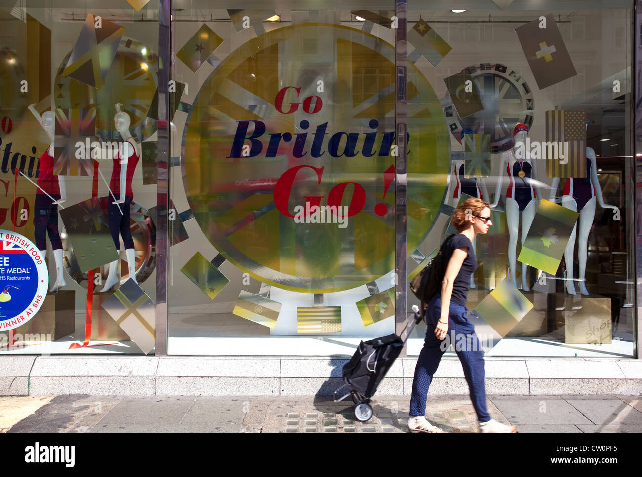 Go Britain Go sign in Debenhams department store shop window during the London Olympics 2012, Oxford Street, London, England, UK Stock Photo