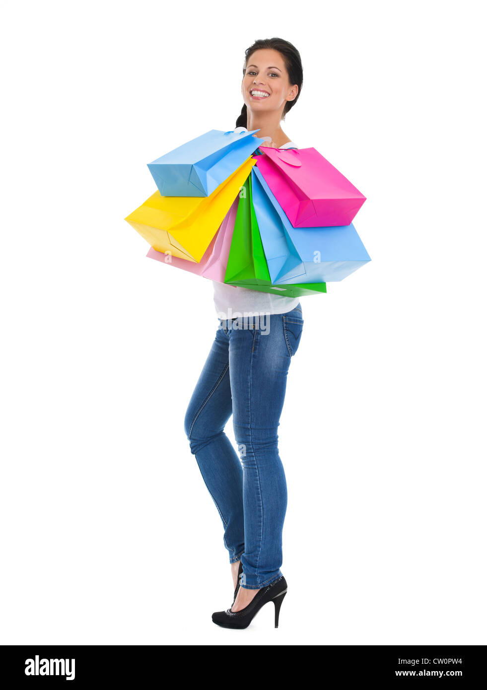 Full length portrait of happy girl with shopping bags Stock Photo