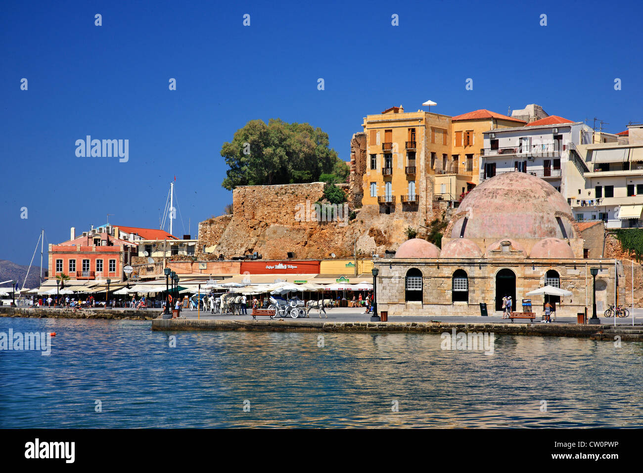Partial view of the old Venetian harbor of Chania town (east side), Crete island, Greece. Stock Photo