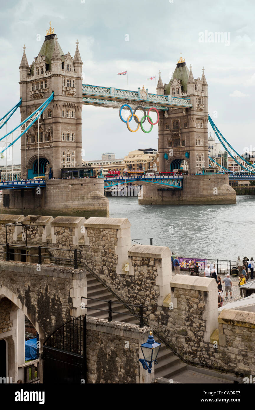 Tower Bridge with Olympic rings viewed from the tower of London