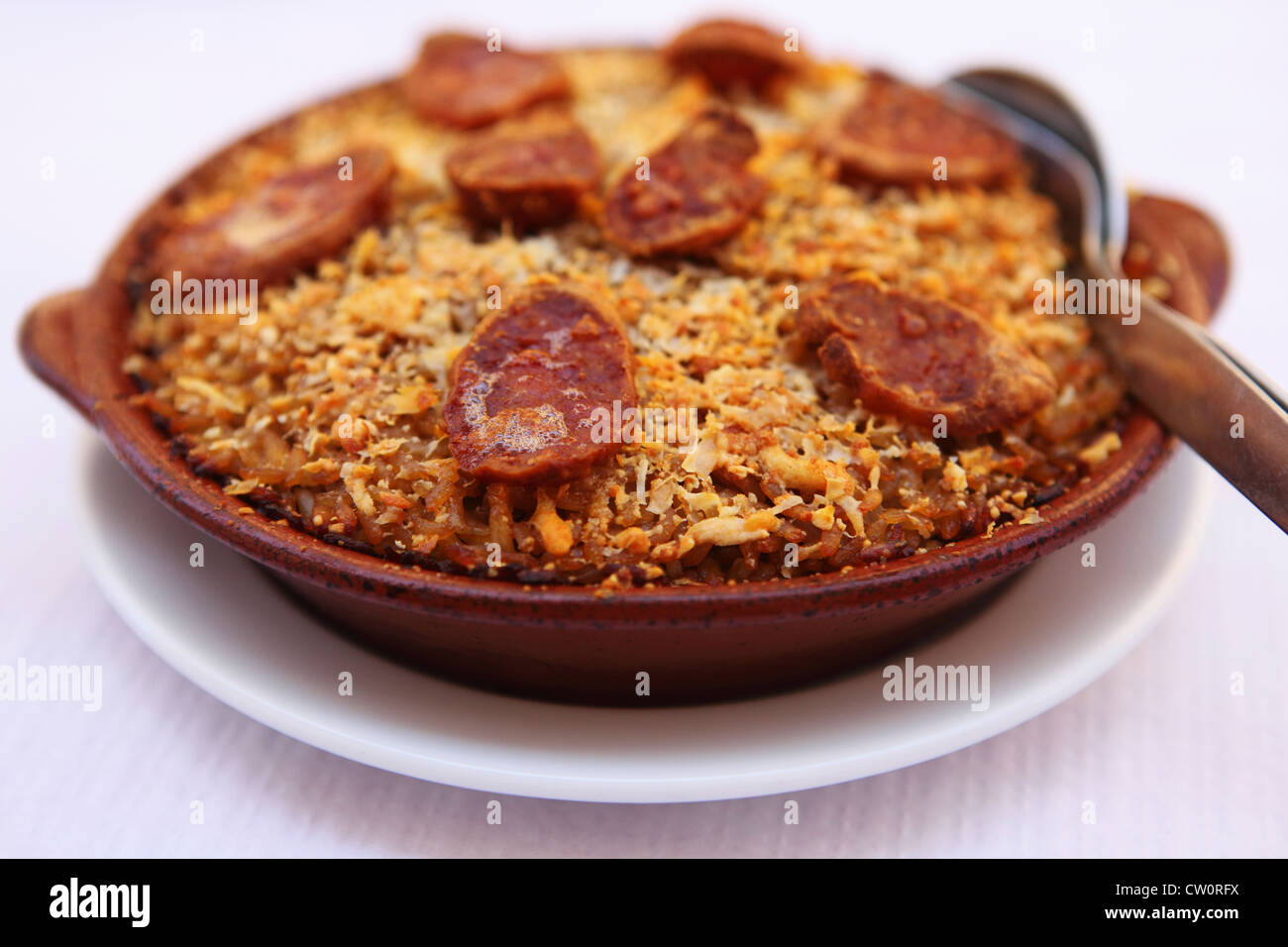 The traditional Portuguese dish of Arroz de Pato (rice with duck) is served. Stock Photo