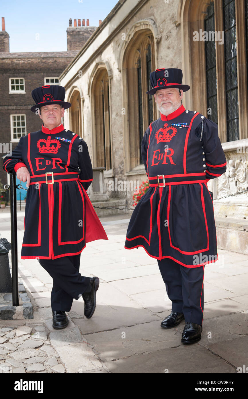 Traditional 'Beefeater' Yeoman Warder guards on duty in the grounds of the Tower of London. City of London England UK Stock Photo