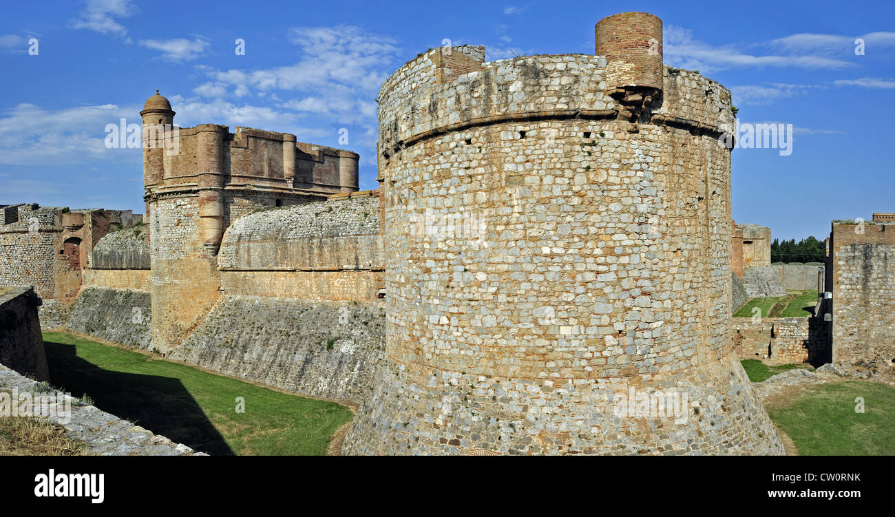 Moat and ramparts of the Catalan fortress Fort de Salses at Salses-le-Château, Pyrenees, France Stock Photo