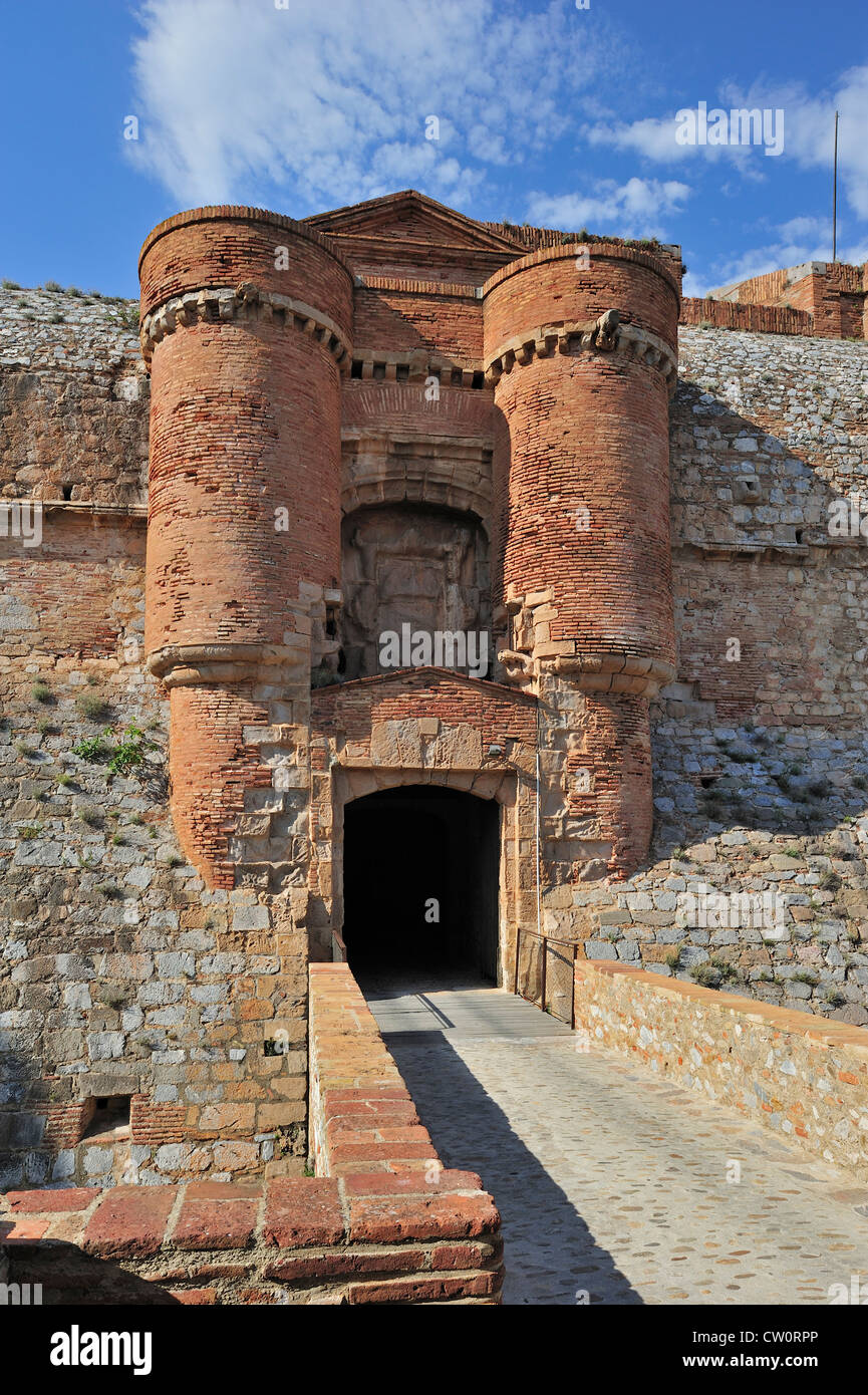 Entrance gate of the Catalan fortress Fort de Salses at Salses-le-Château, Pyrenees, France Stock Photo