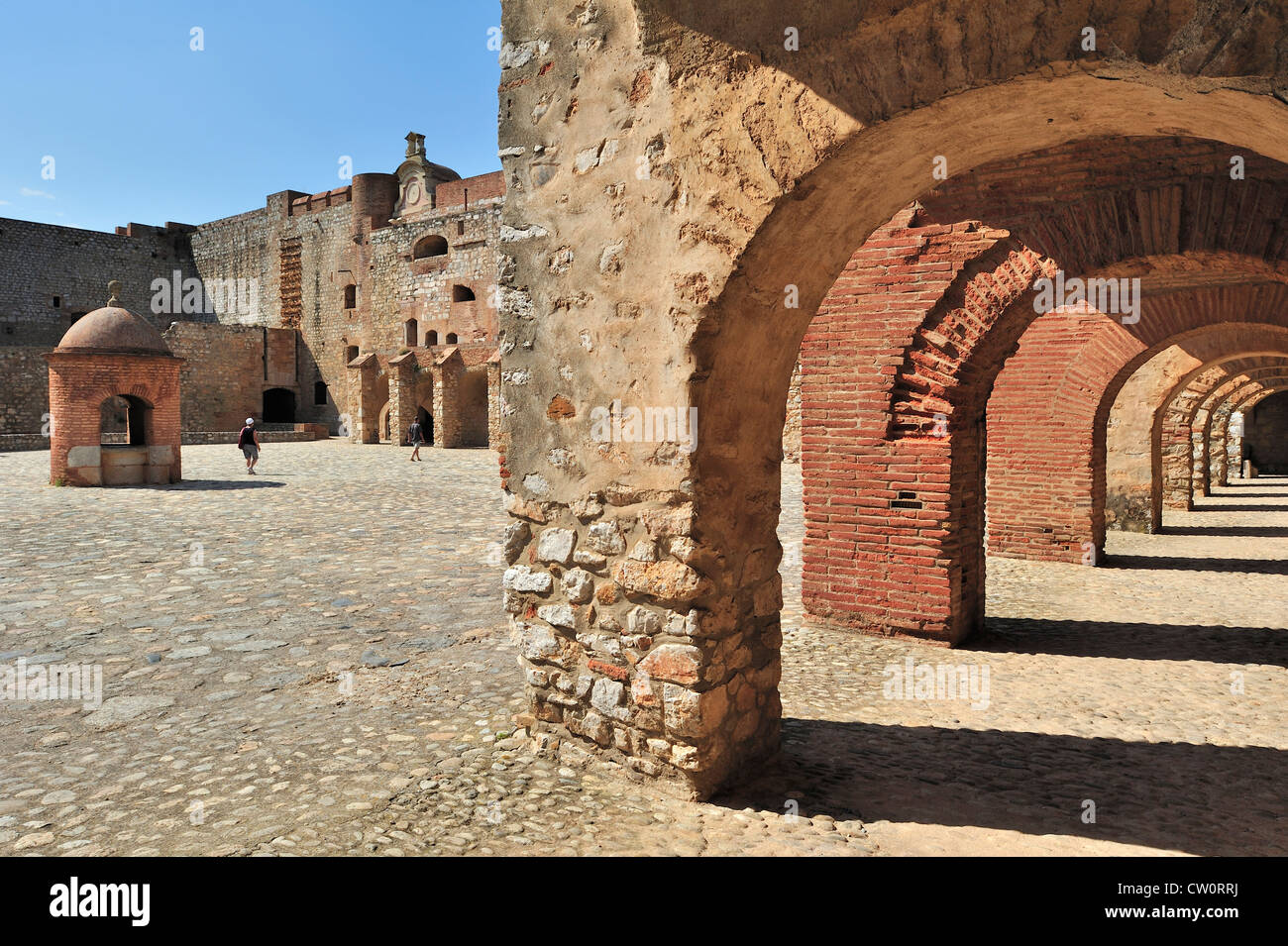 Inner court and well of the Catalan fortress Fort de Salses at Salses-le-Château, Pyrenees, France Stock Photo