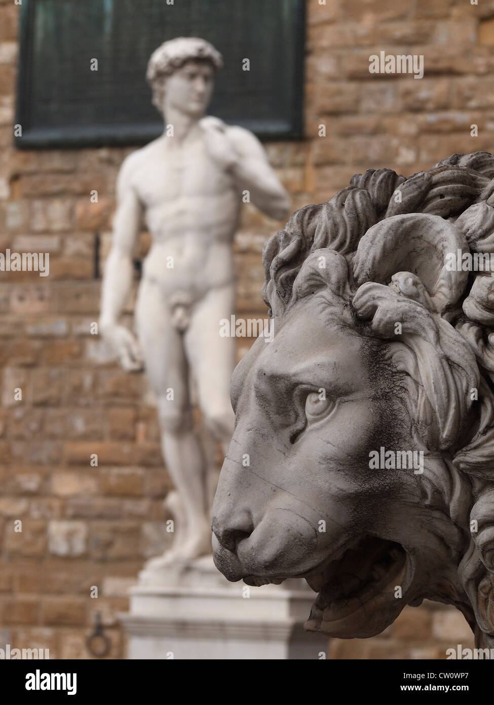 Italy, Florence, Signoria square, lyon and copy of David of Michelangiolo Stock Photo