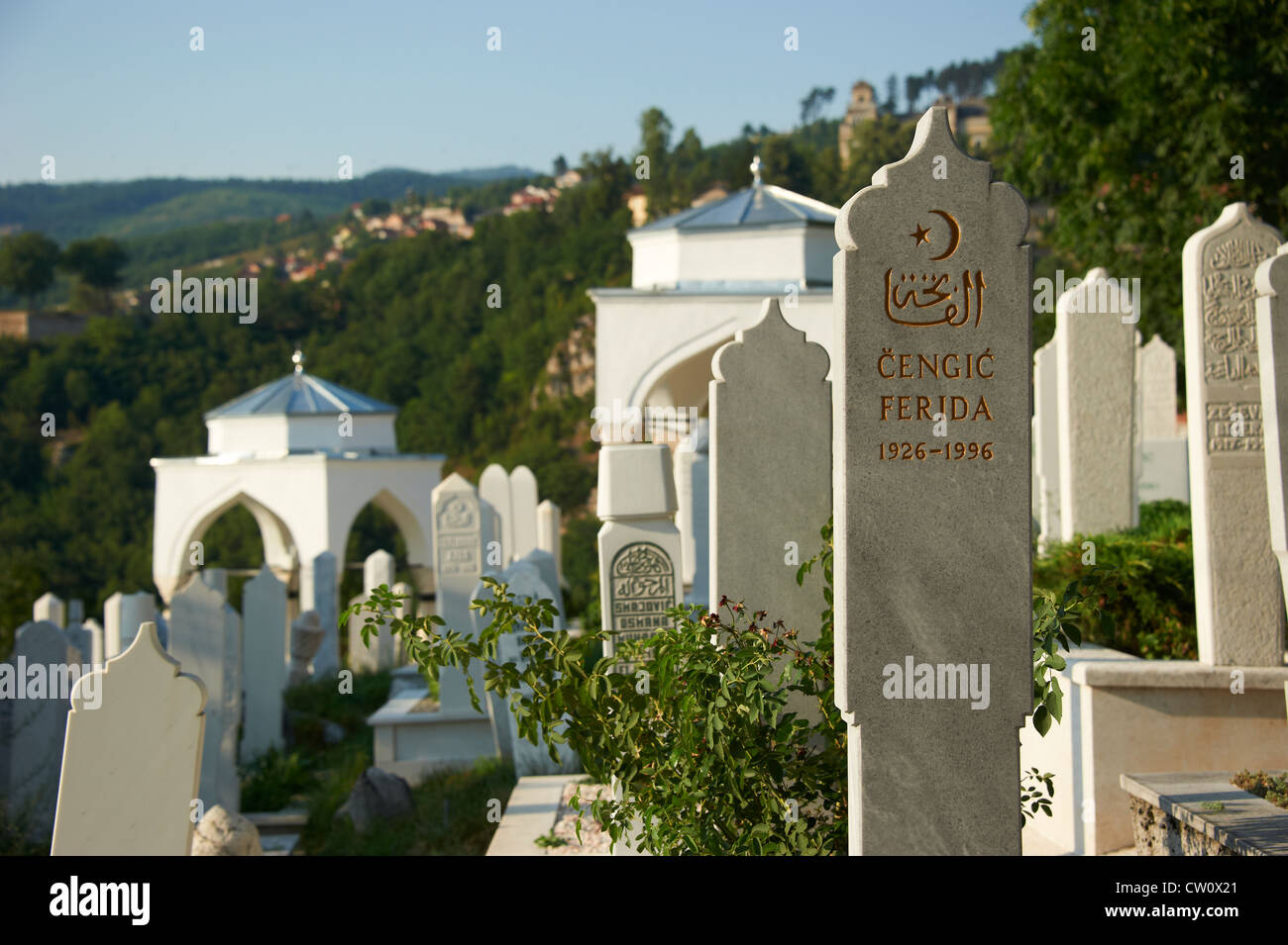 View over the city Sarajevo and cemetery with bright graves Bosnia and ...