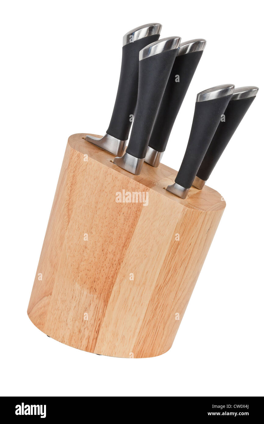 Set of kitchen knives in wooden block isolated on white with work path Stock Photo