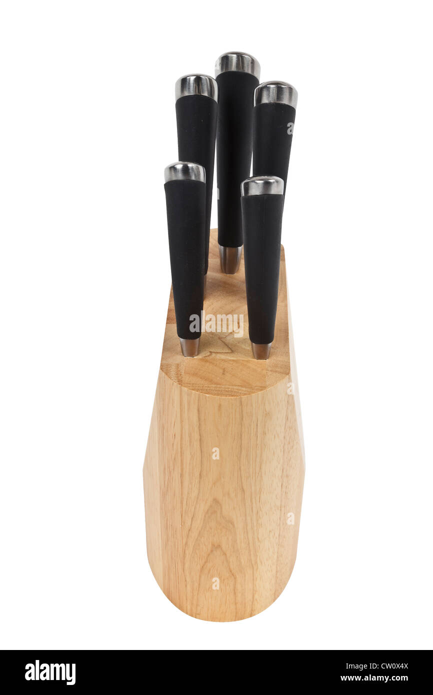 Set of kitchen knives in wooden block isolated on white with work path