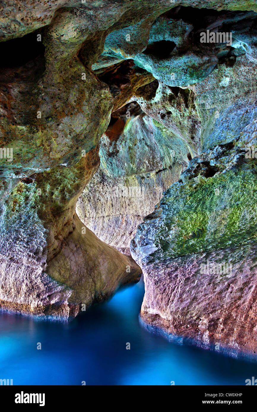 Sea cave at Marmara (or 'Dialeskari') beach, close to Loutro village, Sfakia region, Chania, Crete, Greece Stock Photo