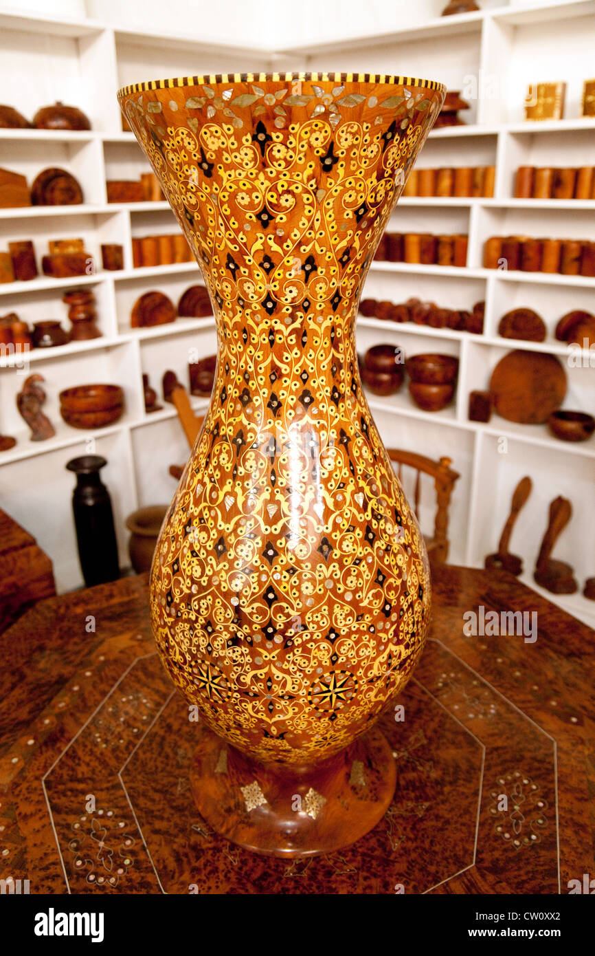 Moroccan marquetry vase for sale in a craft shop, Essaouira Morocco Africa Stock Photo