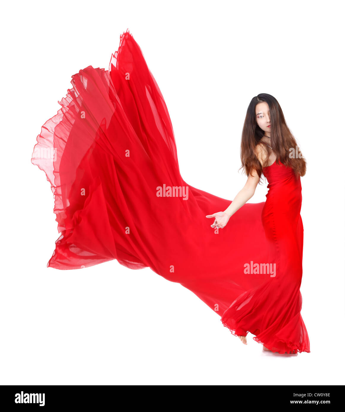 Beautiful Young Woman in Flowing Red Dress on White Background Stock ...