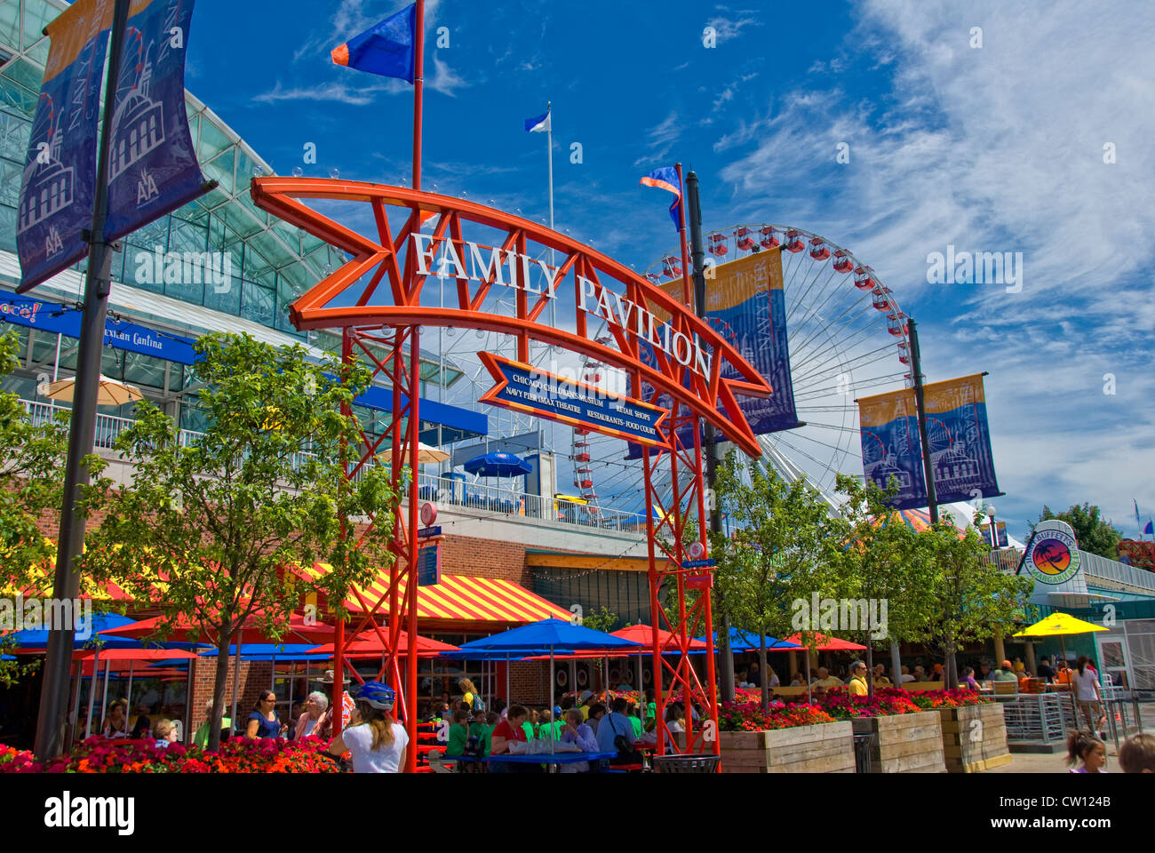 Family Pavilion at Navy Pier with Ferris Wheel and Jimmy Buffett's Margaritaville restaurant in Chicago, Illinois Stock Photo