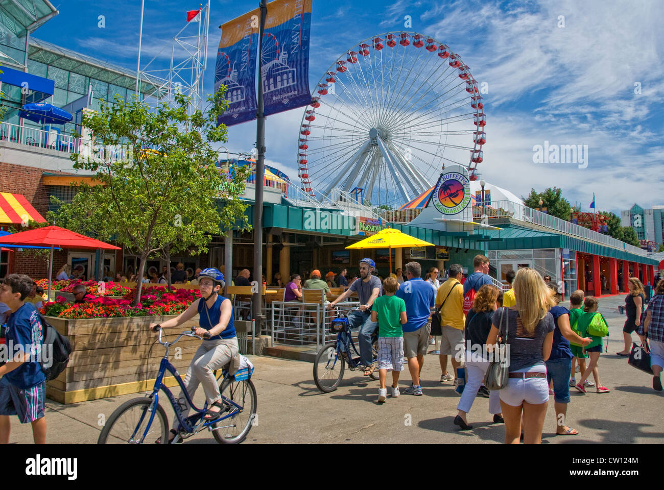 Ferris Wheel and Jimmy Buffett's Margaritaville restaurant at Navy Pier in Chicago, Illinois Stock Photo