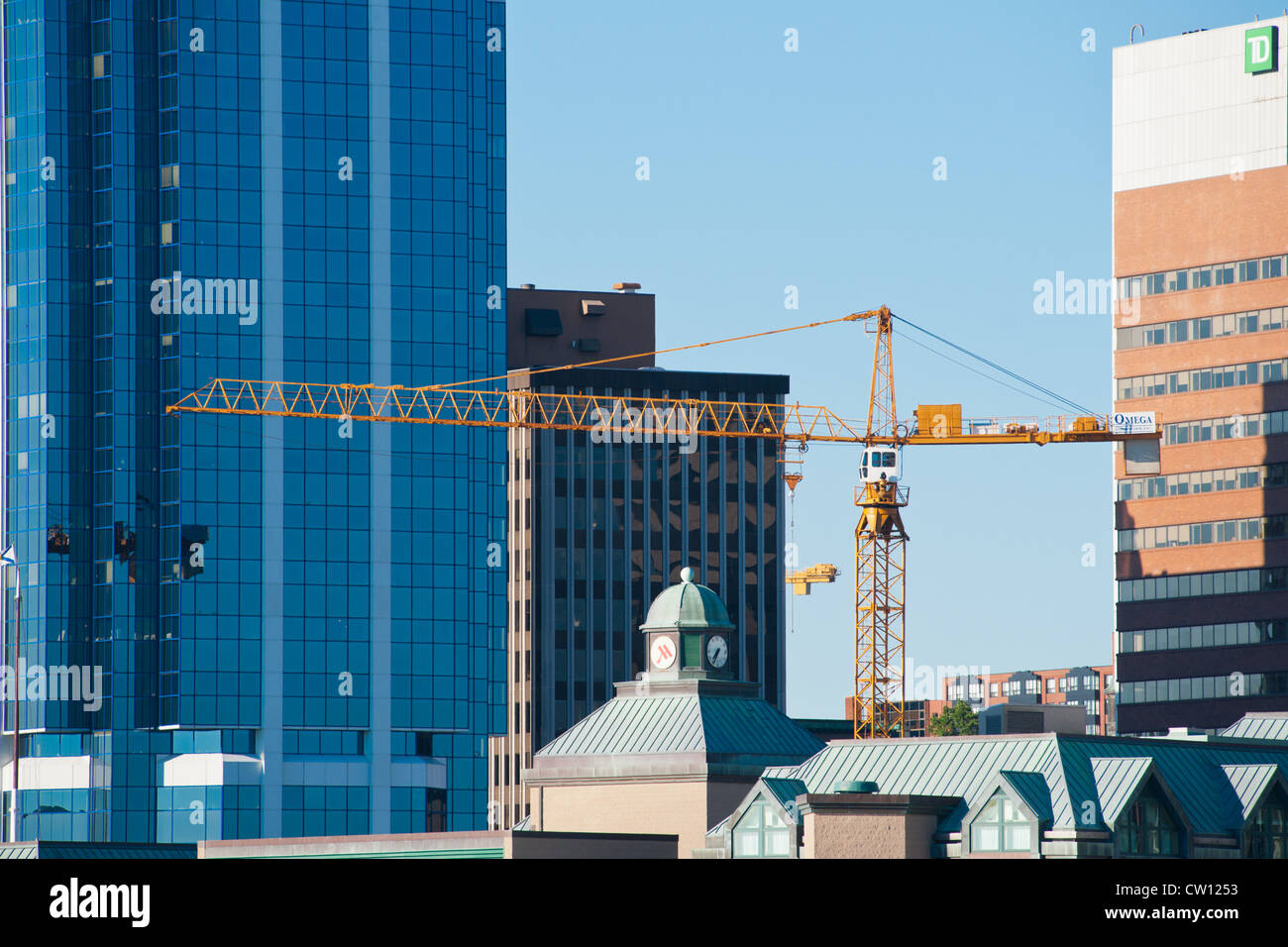 A tower construction crane on a building site in downtown Halifax, Nova