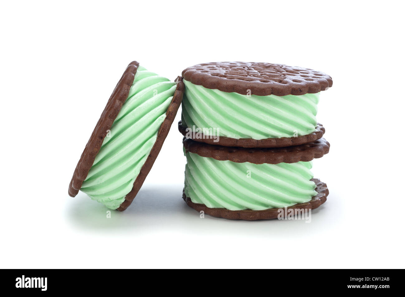 Green mint chocolate ice cream sandwich on a white background Stock Photo