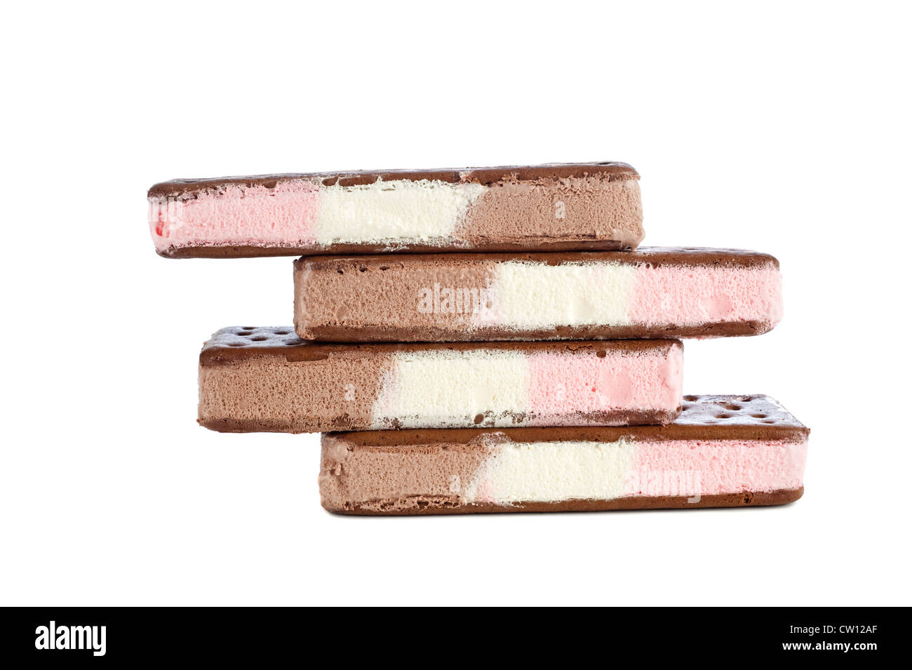 Four stacked Neapolitan ice cream sandwiches with vanilla, chocolate and strawberry flavors Stock Photo