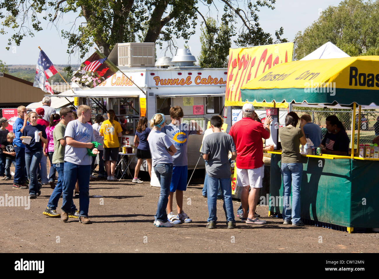 Food stands (most featuring local corn), Memorial Peace Park, Medicine Lodge Peace Treaty Pageant, Kansas, USA Stock Photo