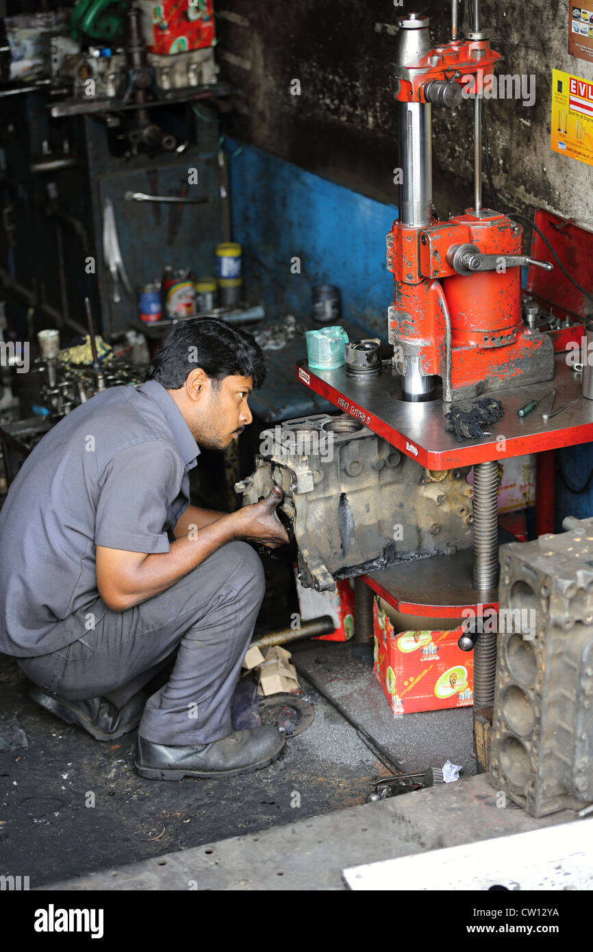 Indian mechanic , engine work India Bangalore Karnataka India Stock Photo