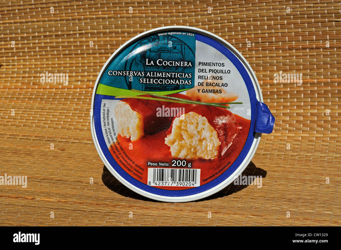 Tinned Tapas dish of red pepper stuffed with cod and prawns and tomato