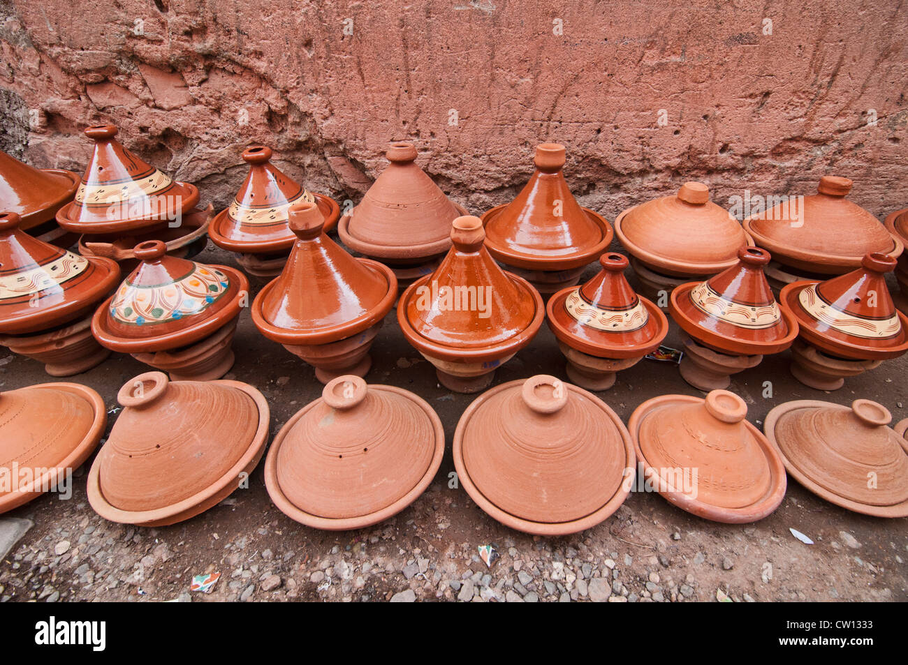 ceramic tajine dishes for sale in the ancient medina in Marrakech, Morocco Stock Photo