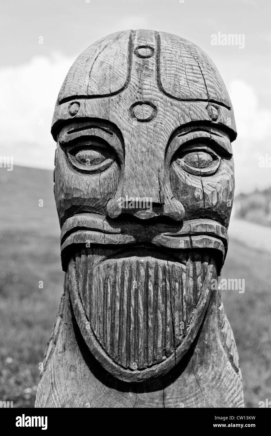 Viking's head carved in wood Stock Photo Alamy