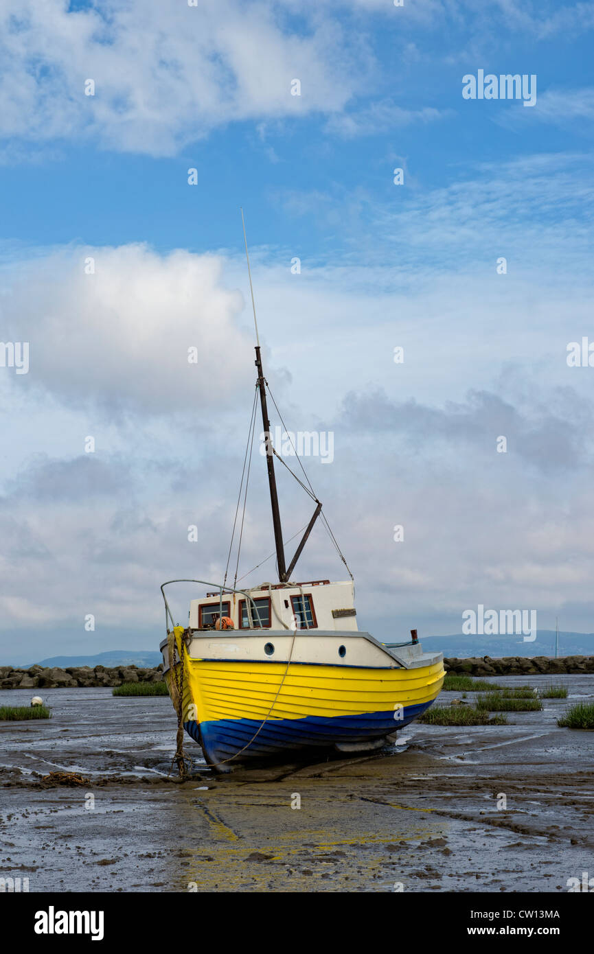 Yellow, white and blue fishing boat beached by the ebb tide in Morecambe Bay, Lancashire Stock Photo